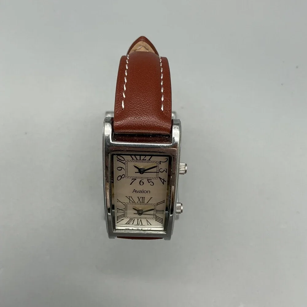 Avalon Dual Time Womens Watch 23mm Silver Dial Brown Leather Strap New Battery